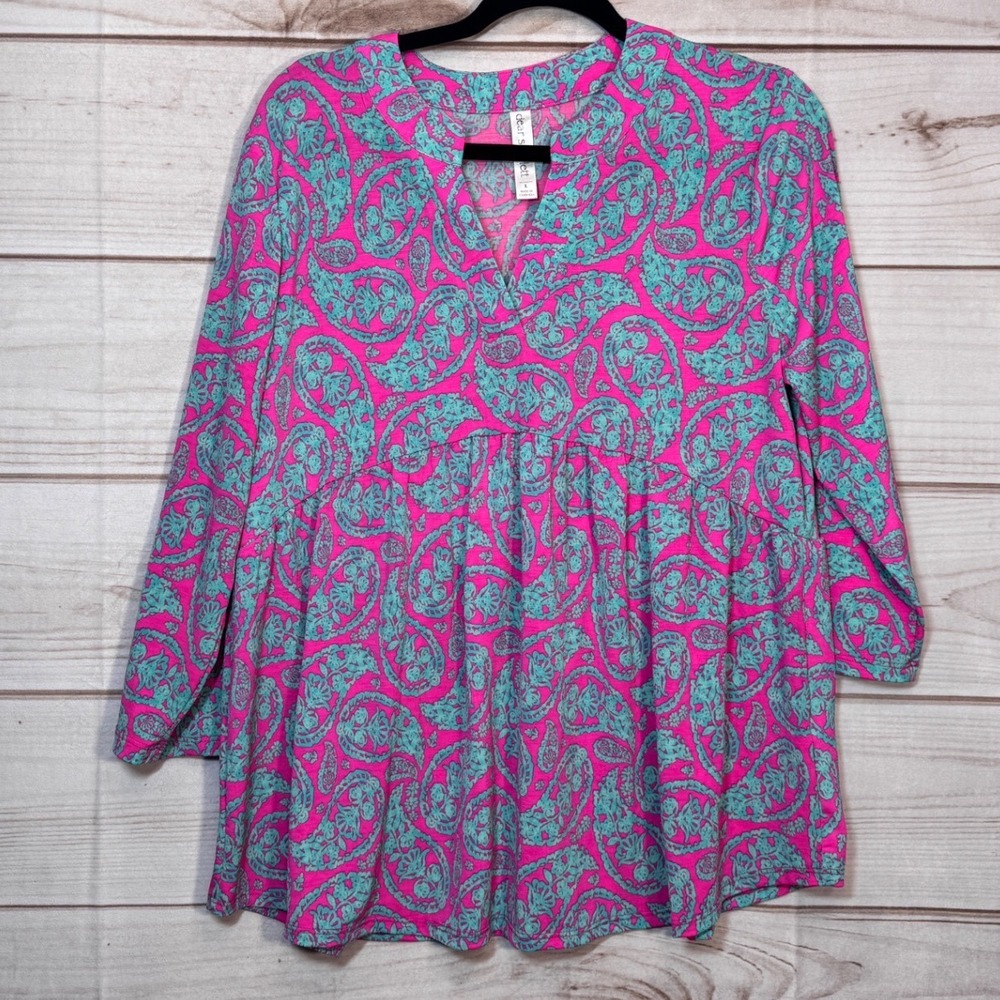 Dear Scarlett Tunic Top Womens L Pink Paisley Babydoll 3/4 Sleeve